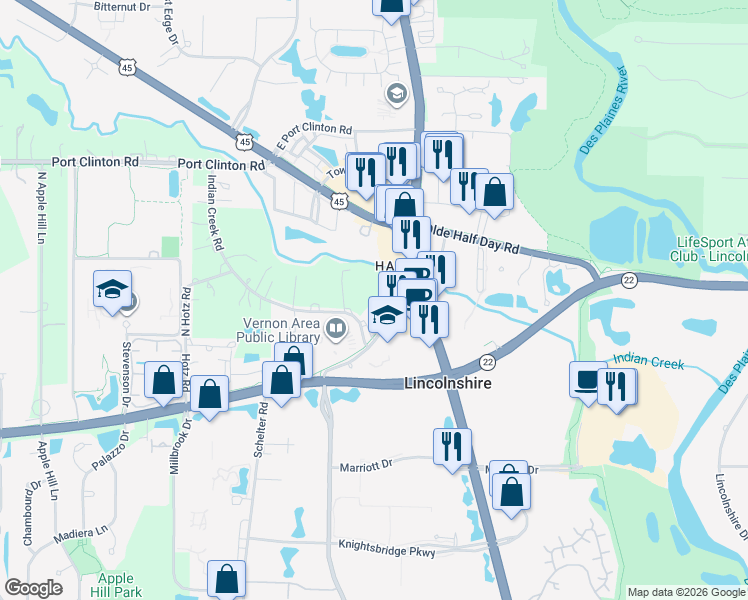 map of restaurants, bars, coffee shops, grocery stores, and more near 1318 Milwaukee Avenue in Buffalo Grove