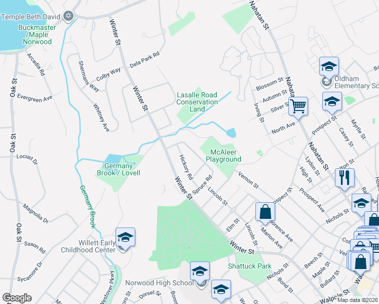 map of restaurants, bars, coffee shops, grocery stores, and more near 58 Hickory Road in Norwood