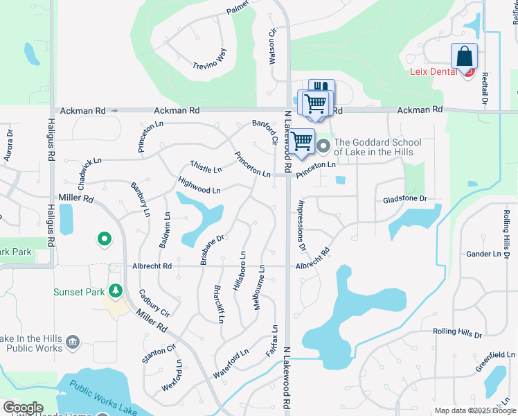 map of restaurants, bars, coffee shops, grocery stores, and more near 3131 Melbourne Lane in Lake in the Hills