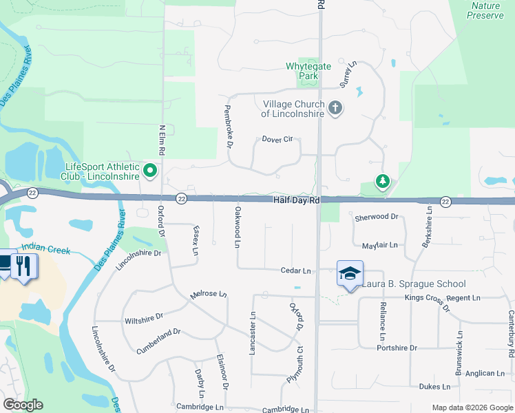 map of restaurants, bars, coffee shops, grocery stores, and more near 87 Oakwood Lane in Lincolnshire
