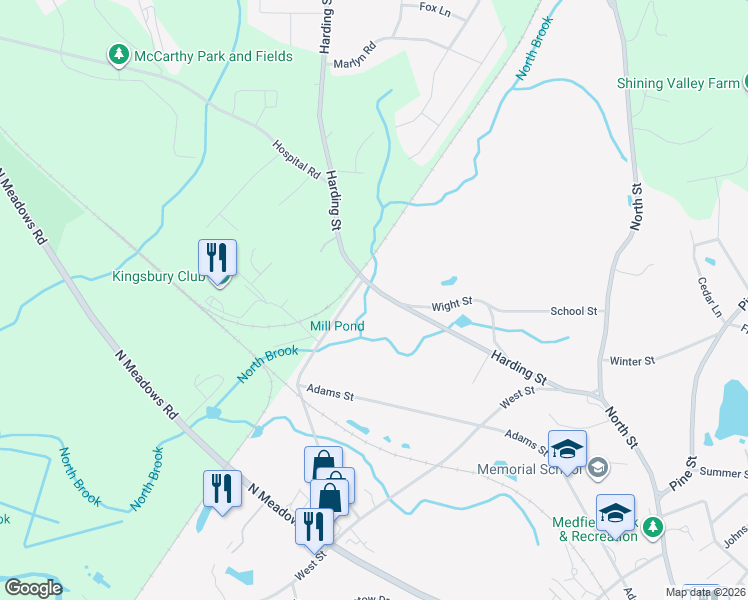 map of restaurants, bars, coffee shops, grocery stores, and more near 60 Harding Street in Medfield