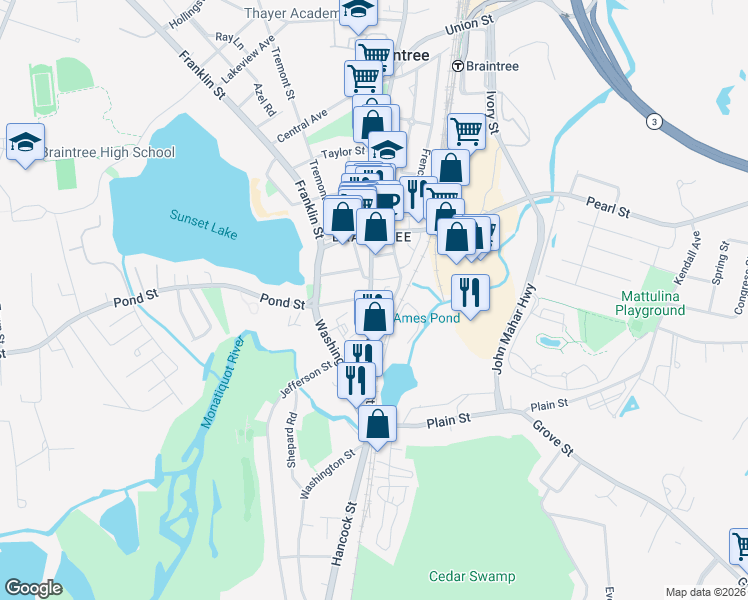 map of restaurants, bars, coffee shops, grocery stores, and more near 107 Hancock Street in Braintree