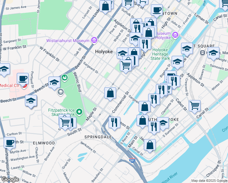map of restaurants, bars, coffee shops, grocery stores, and more near 729 High Street in Holyoke