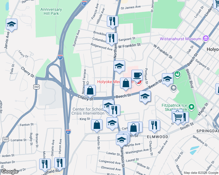 map of restaurants, bars, coffee shops, grocery stores, and more near 1863 U.S. 5 in Holyoke