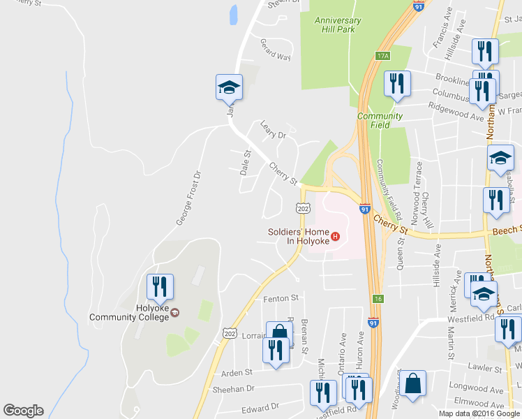 map of restaurants, bars, coffee shops, grocery stores, and more near 24 Maple Crest Circle in Holyoke