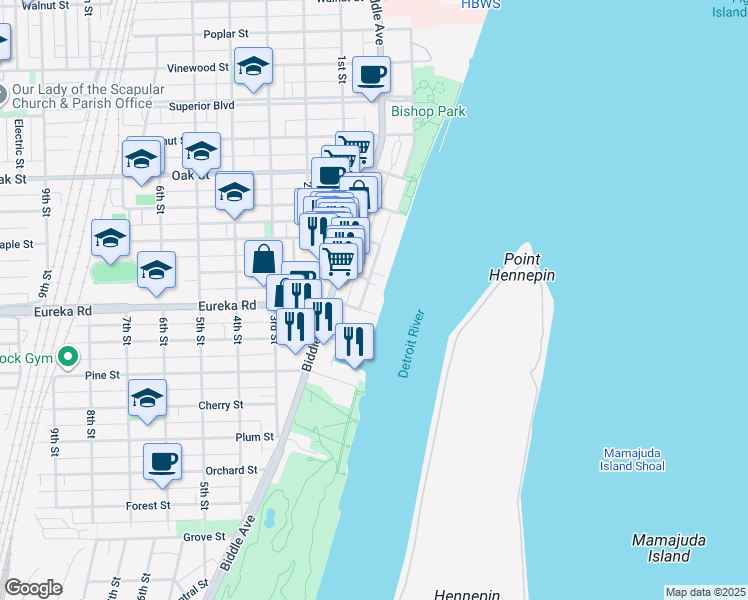 map of restaurants, bars, coffee shops, grocery stores, and more near 3301 Biddle Avenue in Wyandotte