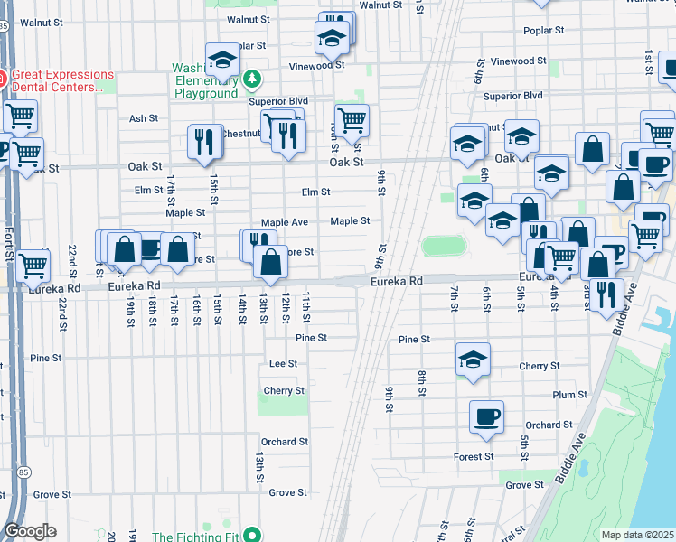 map of restaurants, bars, coffee shops, grocery stores, and more near 989 Eureka Road in Wyandotte