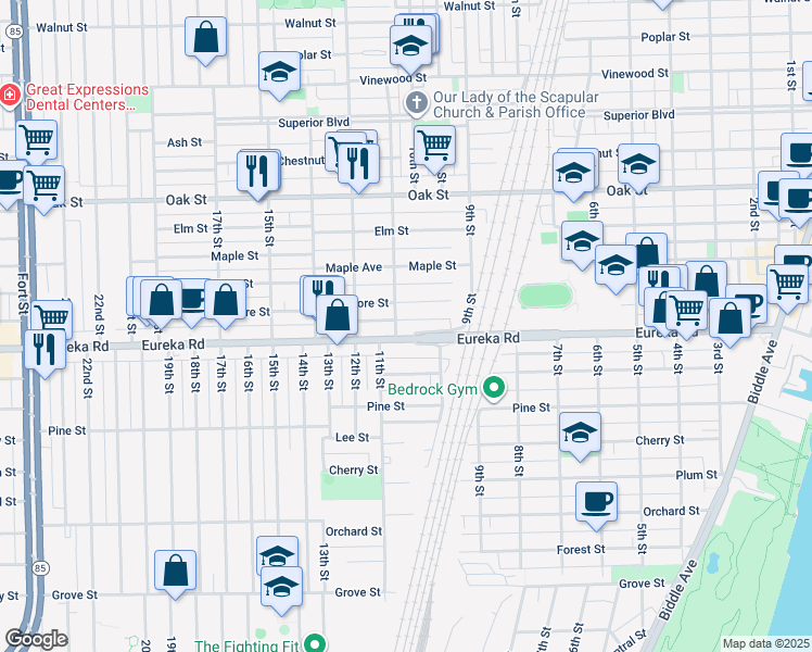map of restaurants, bars, coffee shops, grocery stores, and more near 1063 Eureka Road in Wyandotte