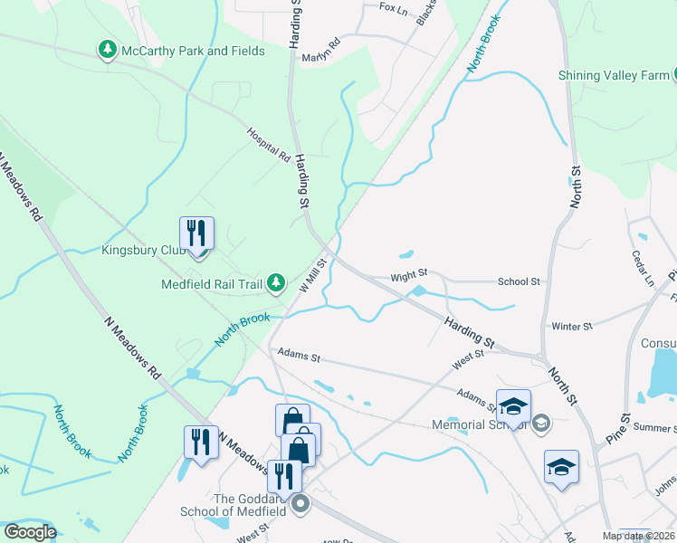 map of restaurants, bars, coffee shops, grocery stores, and more near 60 Harding Street in Medfield