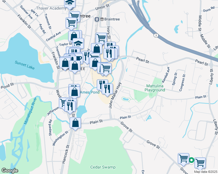 map of restaurants, bars, coffee shops, grocery stores, and more near 501 John Mahar Highway in Braintree