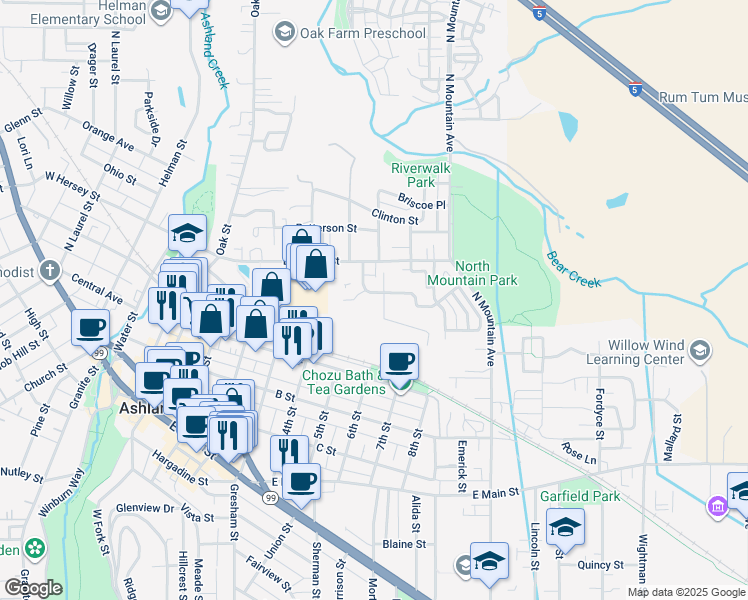 map of restaurants, bars, coffee shops, grocery stores, and more near 385 Williamson Way in Ashland