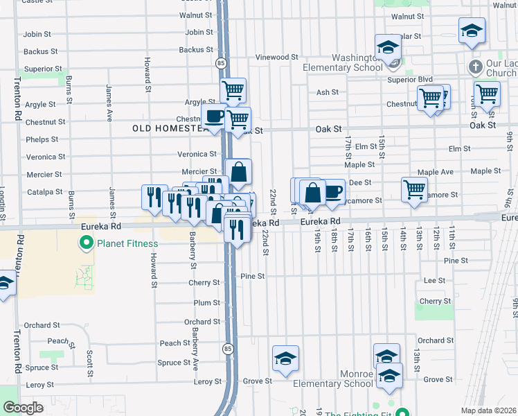 map of restaurants, bars, coffee shops, grocery stores, and more near 2189 Eureka Road in Wyandotte