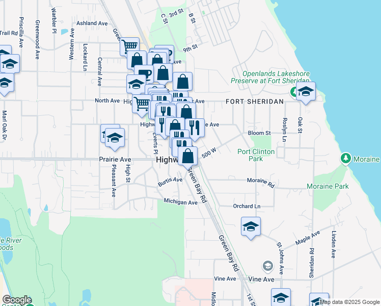 map of restaurants, bars, coffee shops, grocery stores, and more near in Highwood