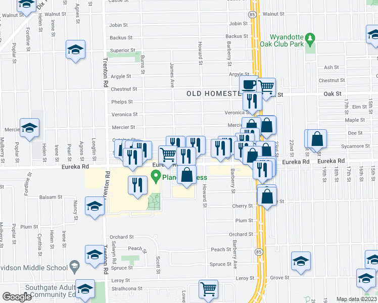map of restaurants, bars, coffee shops, grocery stores, and more near 13309 Sycamore Street in Southgate