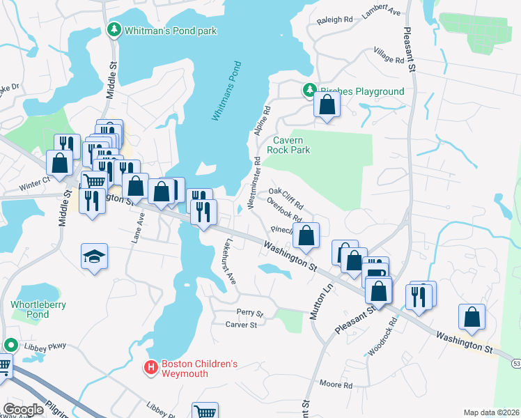 map of restaurants, bars, coffee shops, grocery stores, and more near 25 Westminster Road in Weymouth