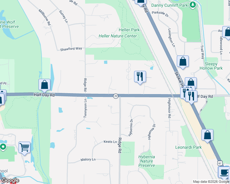 map of restaurants, bars, coffee shops, grocery stores, and more near 2625 Bentley Road in Highland Park