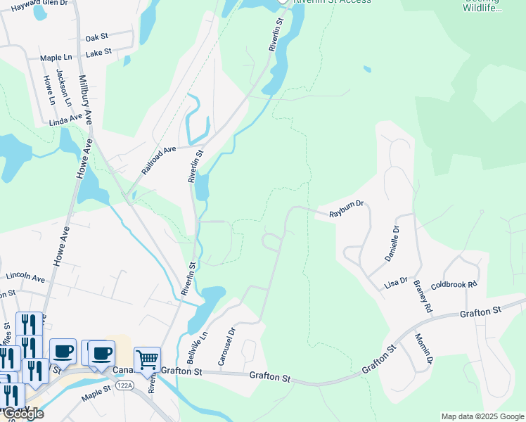 map of restaurants, bars, coffee shops, grocery stores, and more near 59 Carousel Drive in Millbury