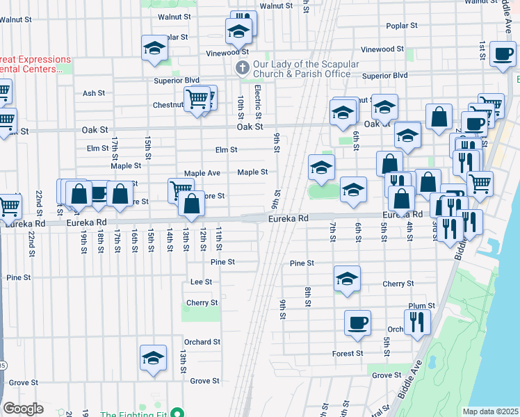 map of restaurants, bars, coffee shops, grocery stores, and more near 989 Eureka Road in Wyandotte