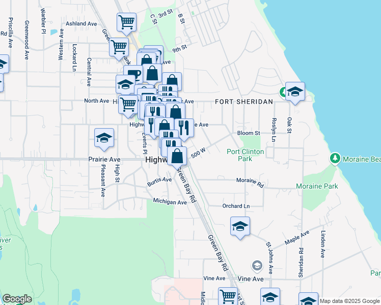 map of restaurants, bars, coffee shops, grocery stores, and more near 425 Bloom Street in Highland Park