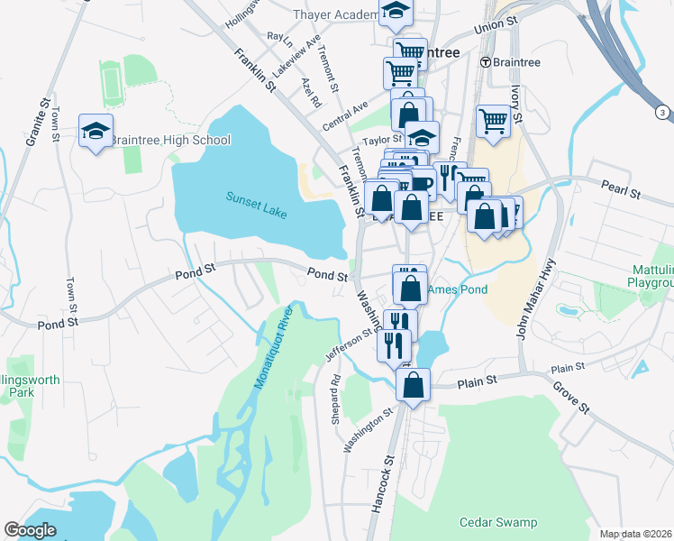 map of restaurants, bars, coffee shops, grocery stores, and more near 21 Pond Street in Braintree