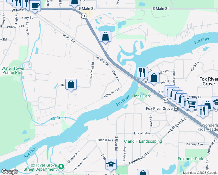 map of restaurants, bars, coffee shops, grocery stores, and more near 451 Mildred Avenue in Cary