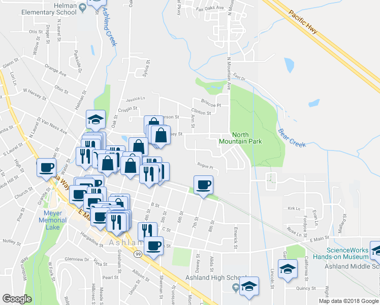 map of restaurants, bars, coffee shops, grocery stores, and more near 385 Williamson Way in Ashland