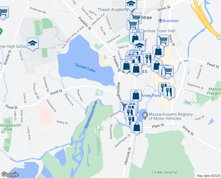map of restaurants, bars, coffee shops, grocery stores, and more near 23 Pond Street in Braintree
