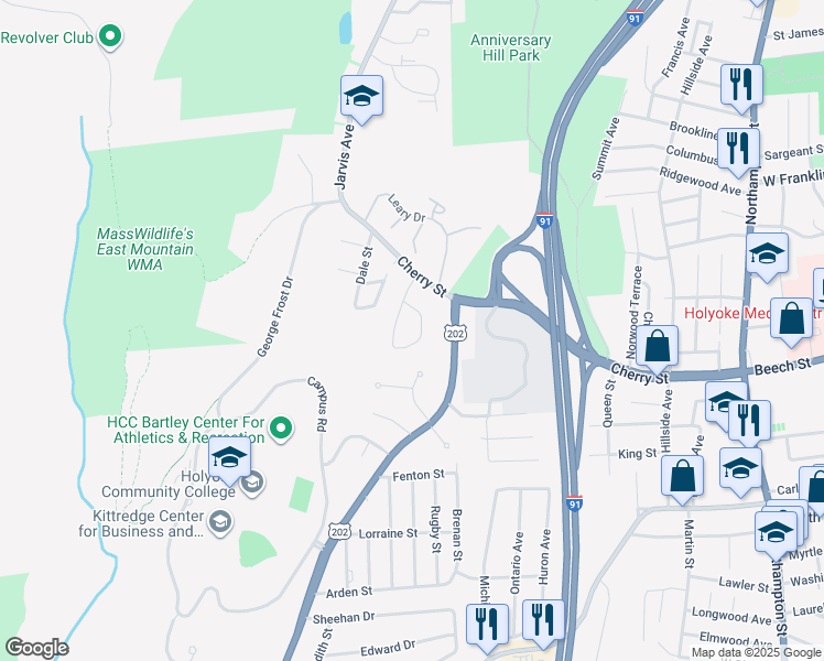 map of restaurants, bars, coffee shops, grocery stores, and more near 15 Maple Crest Circle in Holyoke