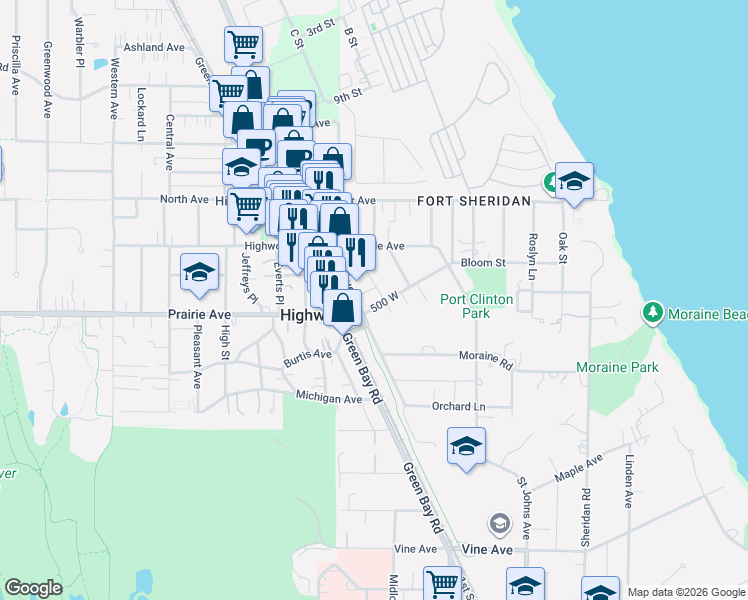 map of restaurants, bars, coffee shops, grocery stores, and more near 425 Bloom Street in Highland Park