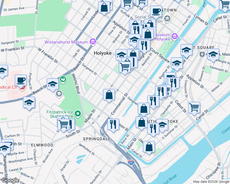 map of restaurants, bars, coffee shops, grocery stores, and more near 665 High Street in Holyoke