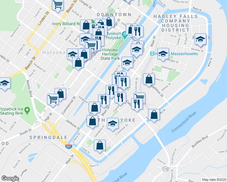 map of restaurants, bars, coffee shops, grocery stores, and more near 96 Cabot Street in Holyoke