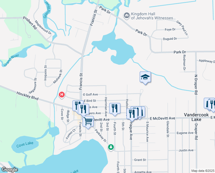 map of restaurants, bars, coffee shops, grocery stores, and more near 511 Harriman Avenue in Jackson