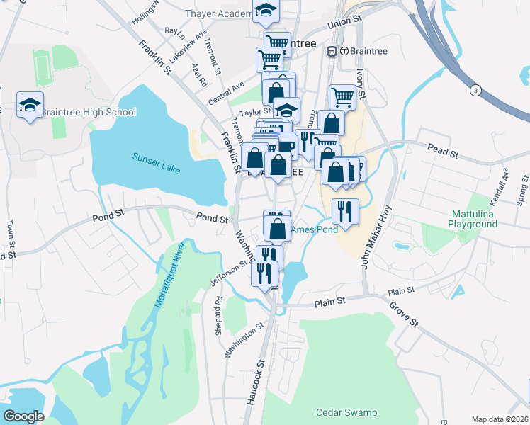 map of restaurants, bars, coffee shops, grocery stores, and more near 34 Hall Avenue in Braintree