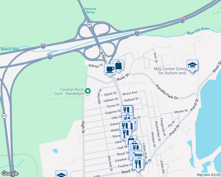 map of restaurants, bars, coffee shops, grocery stores, and more near 20 Scanlon Drive in Randolph