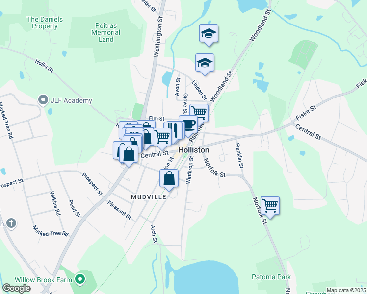 map of restaurants, bars, coffee shops, grocery stores, and more near 77 Church Street in Holliston