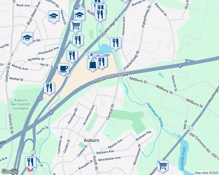 map of restaurants, bars, coffee shops, grocery stores, and more near Massachusetts Turnpike in Auburn