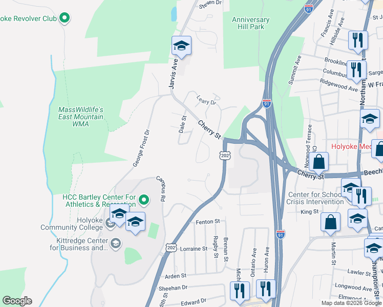 map of restaurants, bars, coffee shops, grocery stores, and more near 8 Crestwood Street in Holyoke