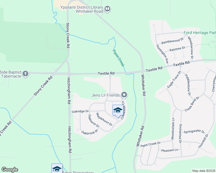 map of restaurants, bars, coffee shops, grocery stores, and more near 6043 Mapleview Lane in Ypsilanti