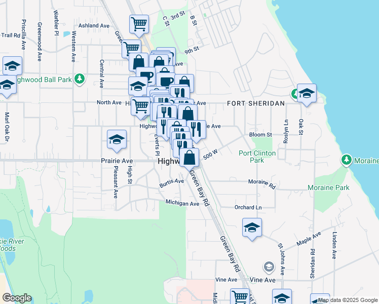map of restaurants, bars, coffee shops, grocery stores, and more near in Highwood
