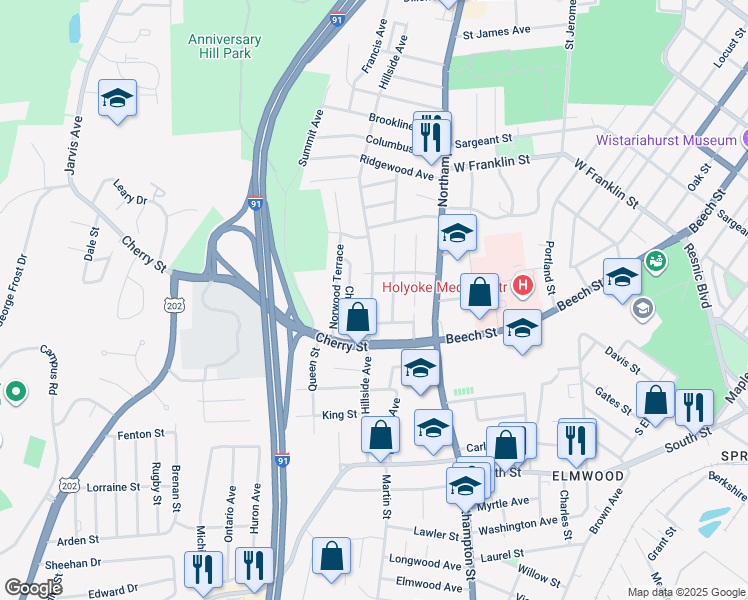 map of restaurants, bars, coffee shops, grocery stores, and more near 356 Hillside Avenue in Holyoke