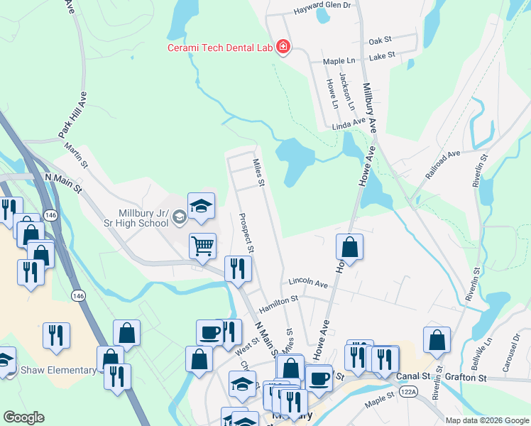 map of restaurants, bars, coffee shops, grocery stores, and more near 63 Miles Street in Millbury