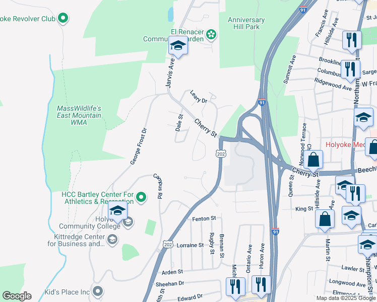 map of restaurants, bars, coffee shops, grocery stores, and more near 32 Maple Crest Circle in Holyoke