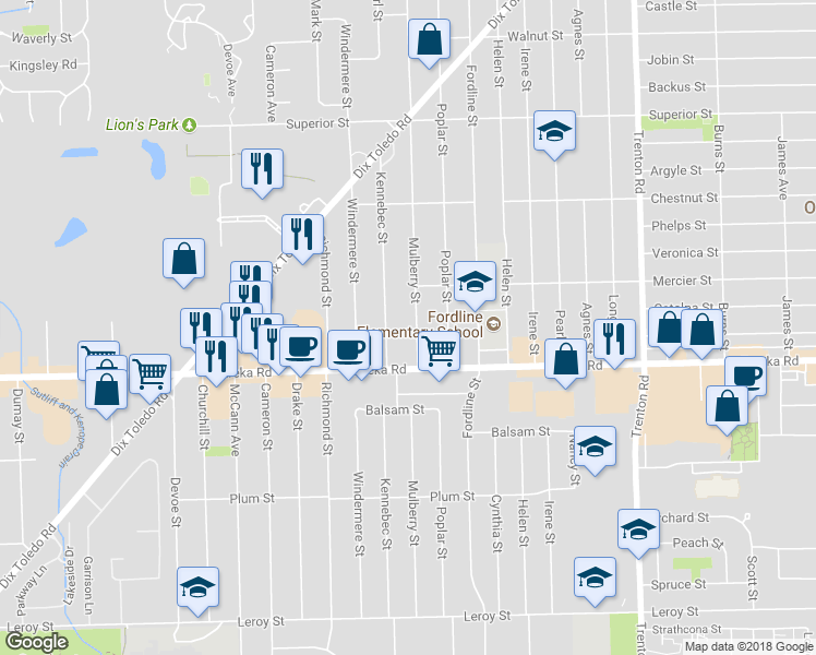 map of restaurants, bars, coffee shops, grocery stores, and more near 14766 Mulberry Street in Southgate