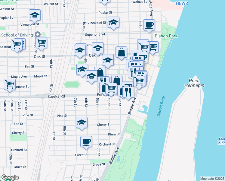 map of restaurants, bars, coffee shops, grocery stores, and more near 345 Sycamore Street in Wyandotte