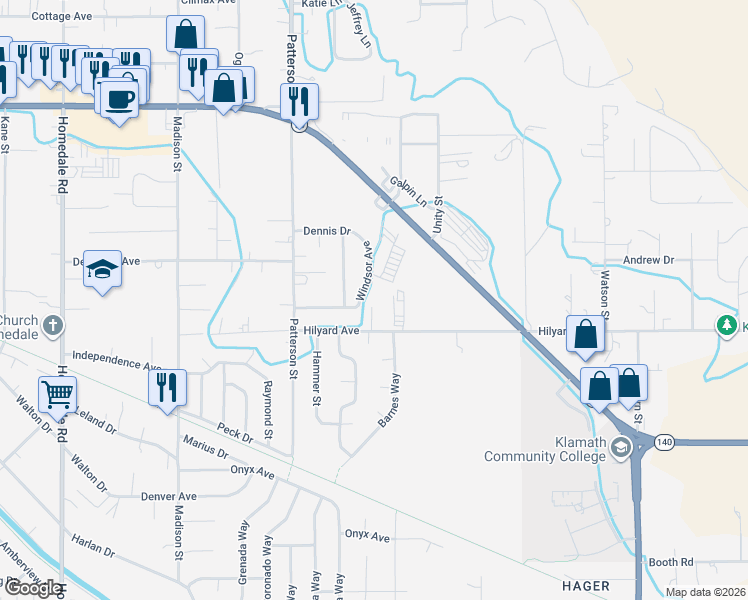 map of restaurants, bars, coffee shops, grocery stores, and more near 2858 Windsor Avenue in Klamath Falls