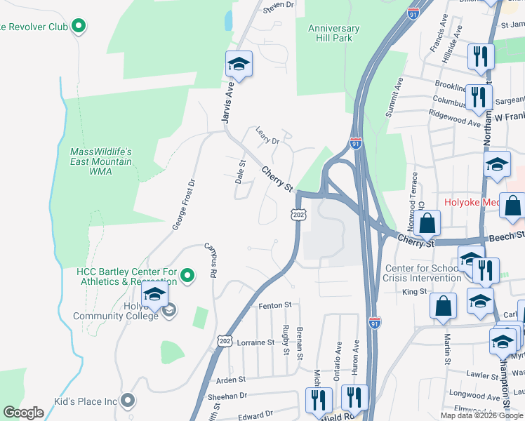 map of restaurants, bars, coffee shops, grocery stores, and more near 1 Maple Crest Circle in Holyoke