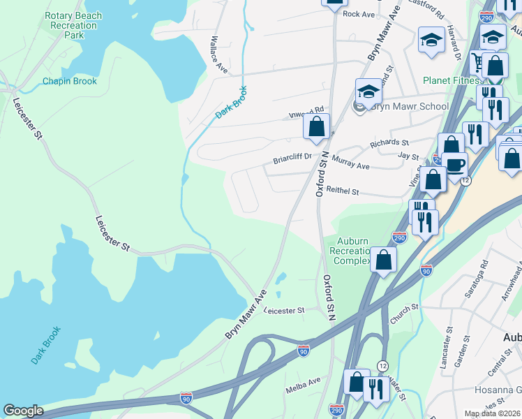 map of restaurants, bars, coffee shops, grocery stores, and more near 9 Amherst Drive in Auburn