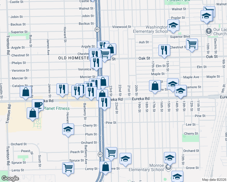 map of restaurants, bars, coffee shops, grocery stores, and more near 3164 22nd Street in Wyandotte