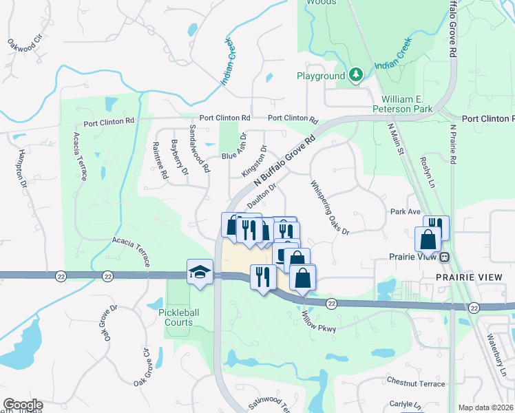 map of restaurants, bars, coffee shops, grocery stores, and more near 2860 Daulton Drive in Buffalo Grove