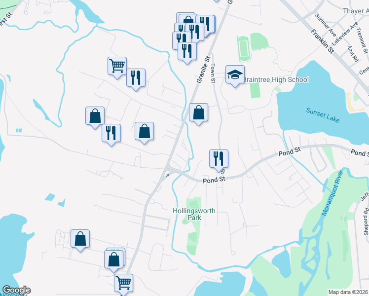 map of restaurants, bars, coffee shops, grocery stores, and more near 891 Granite Street in Braintree